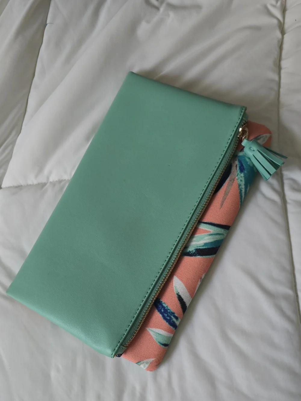 Mint Green Fold-Over Clutch with Coral Floral Accent